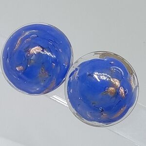 * vintage blue & glitter gold lampwork glass clip on round button earrings